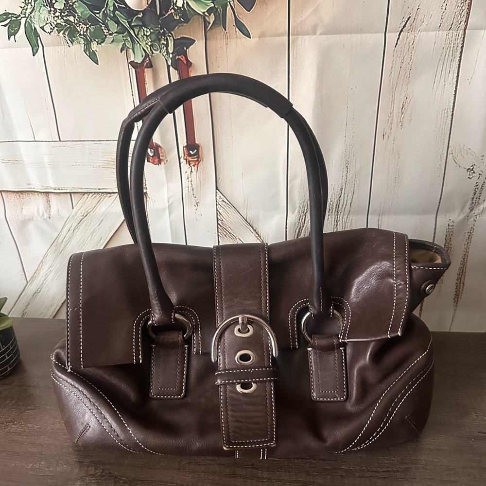Coach Brown Leather Shoulder Bag with Buckle Detail